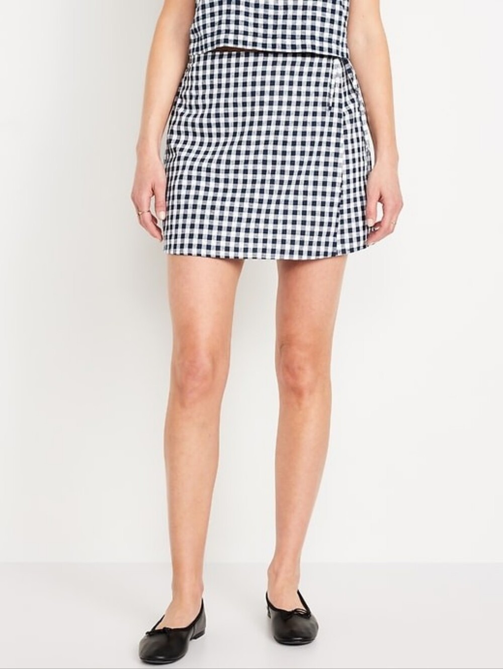 High Waisted Wrap Front Mini Skort - Blue Gingham